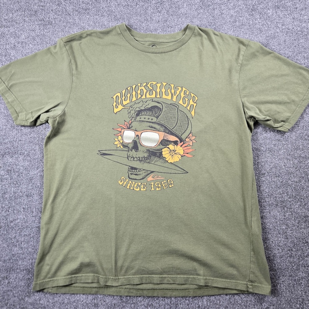 Quiksilver Graphic T-Shirt Mens Large Olive Green Surf Skull 1969 (T8)